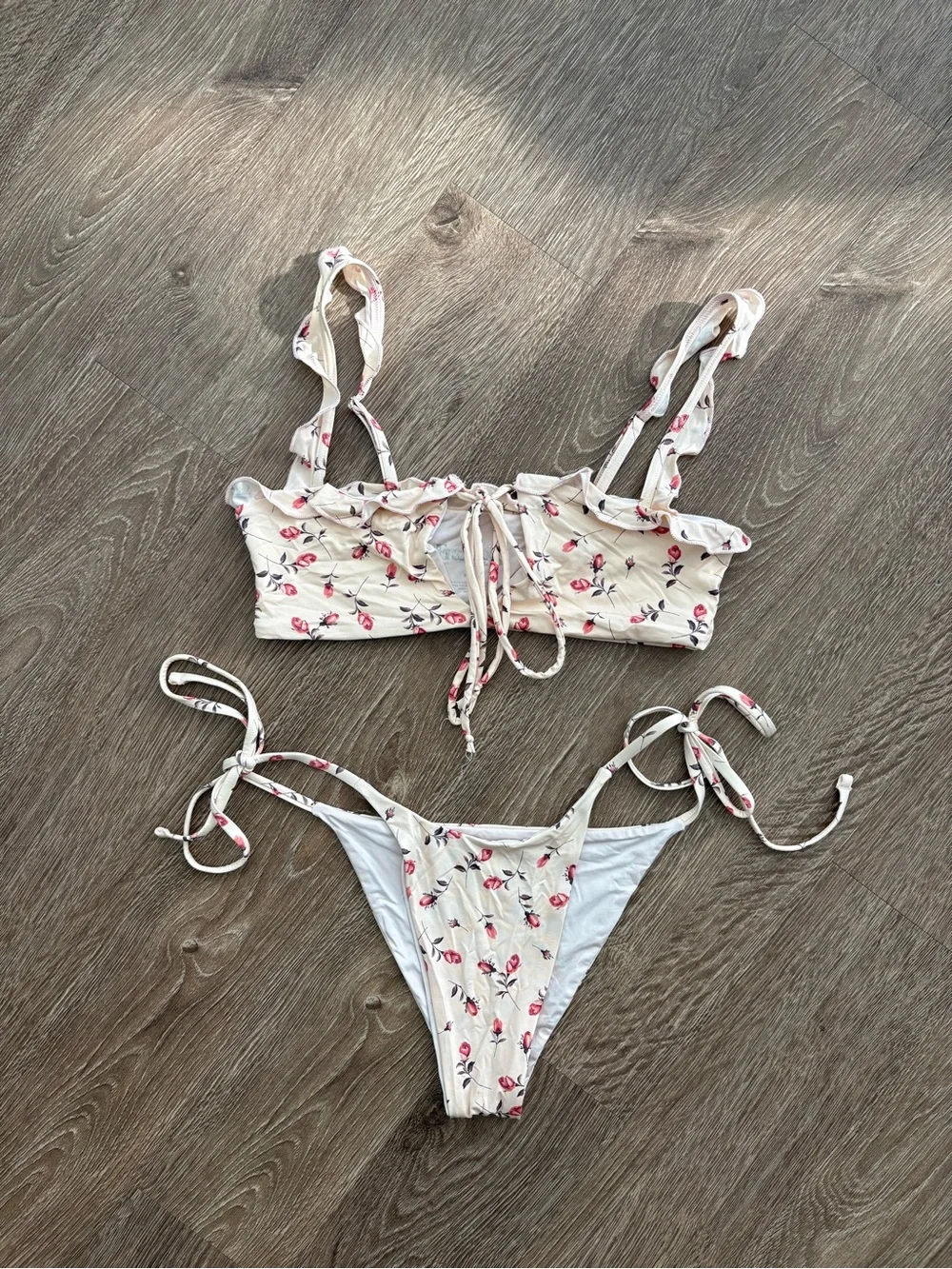 Frankie's Bikinis Cream Floral Ruffle Tie Bikini